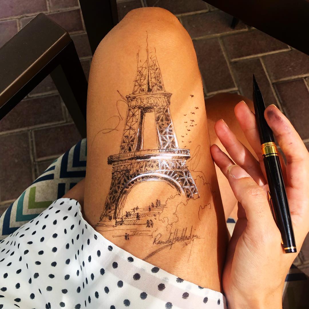 ink drawing thigh eiffel tower randa haddadin