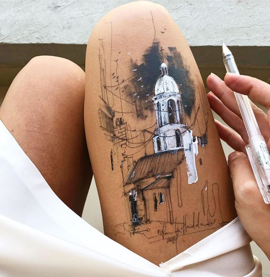 ink drawing thigh church randa haddadin