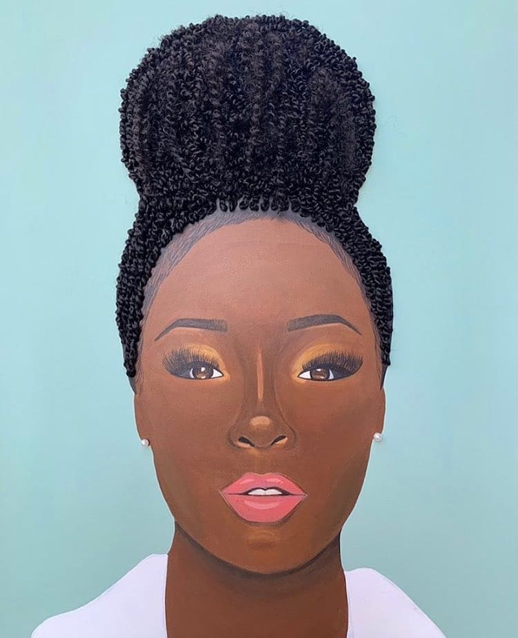 woman portrait painting artwork real hair braid bun by tyler clarke