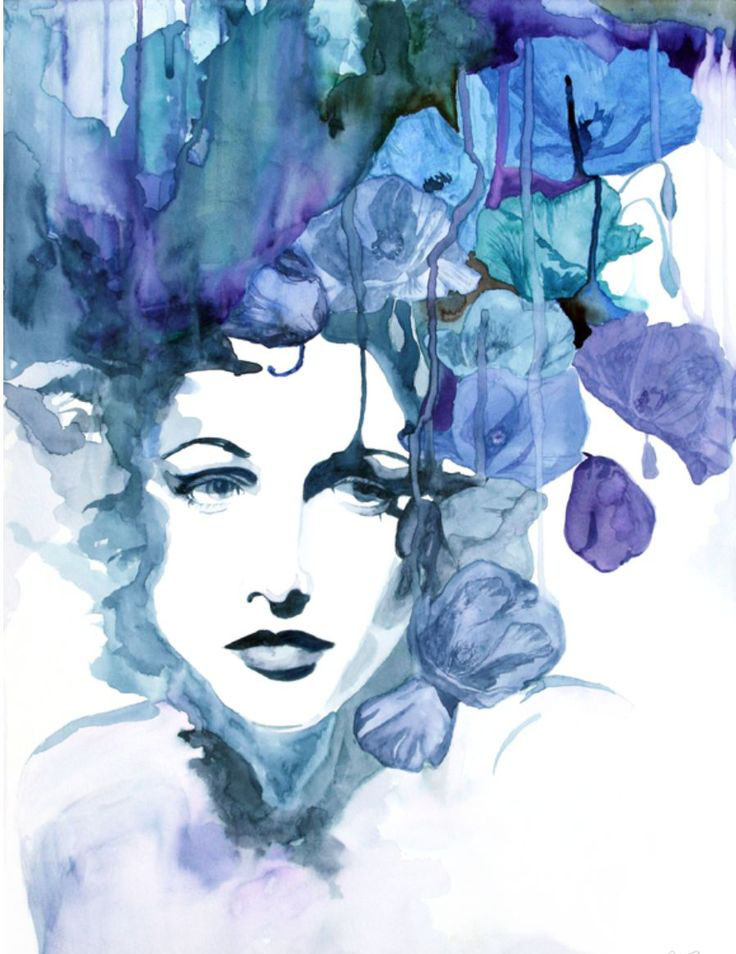 blue hair woman watercolor painting christina