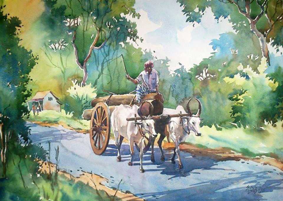bullock cart watercolor painting sunil