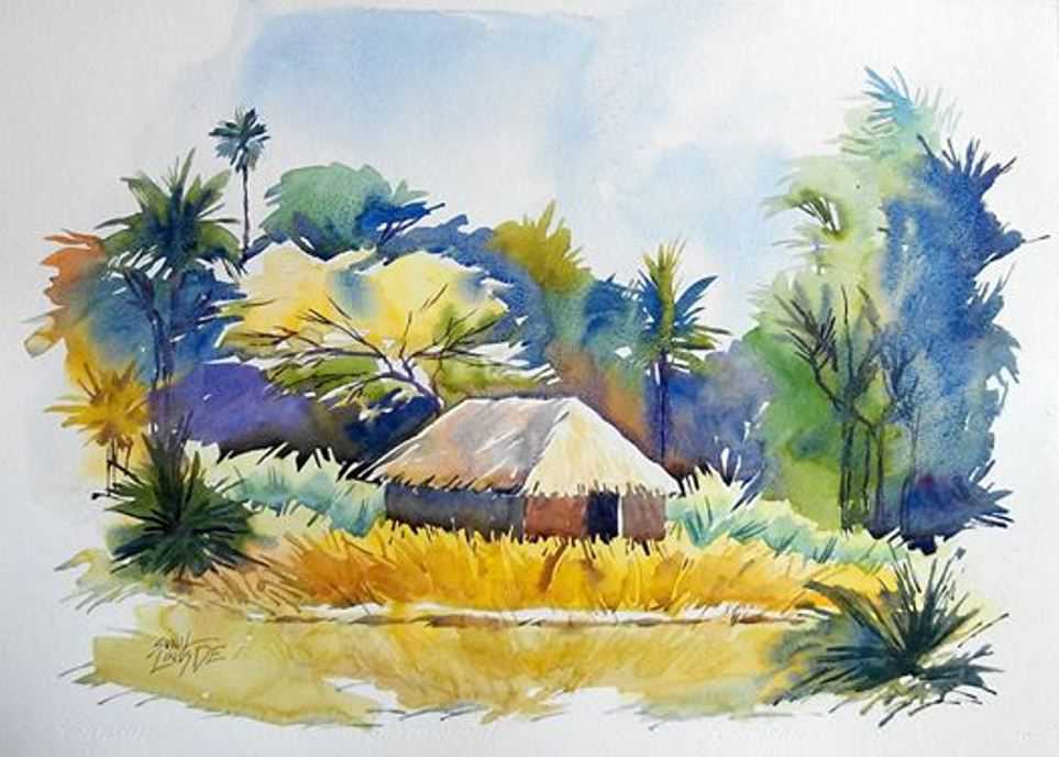 hut watercolor painting sunil