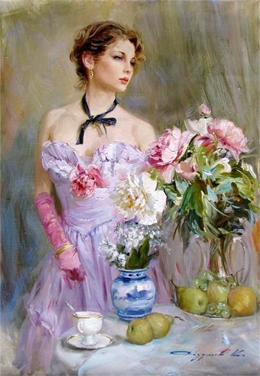pink dressed woman paintings konstantin