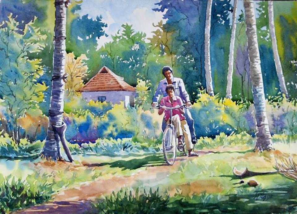 village road watercolor painting sunil