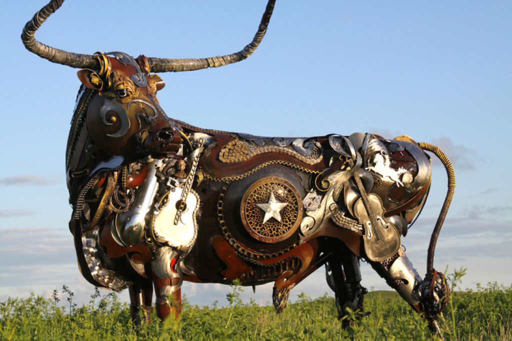 scrap metal sculpture bull by jk brown