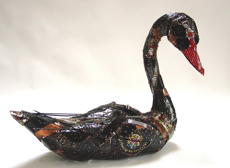 sculpture recycled material black swan by barbara franc