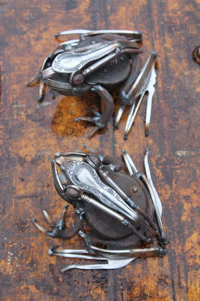 scrap metal sculpture frog by jk brown
