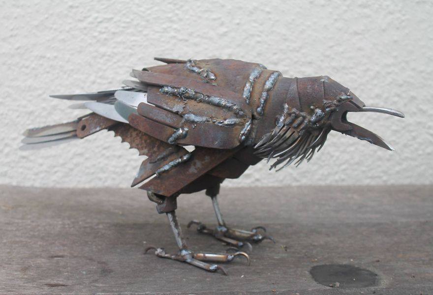 scrap metal sculpture crow by jk brown