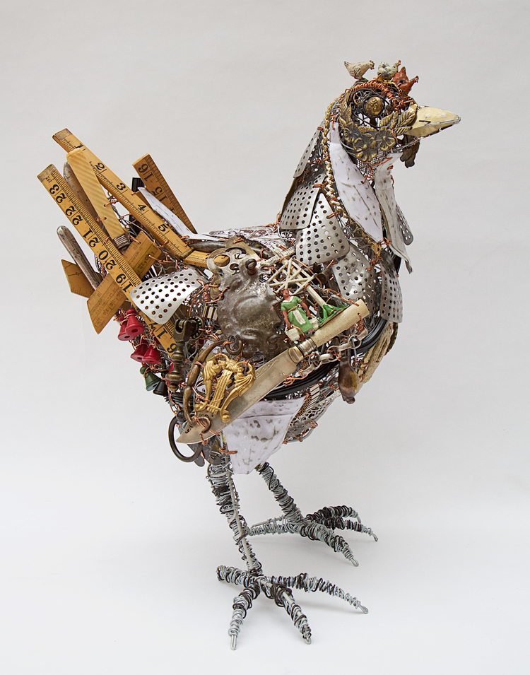 sculpture recycled material hen by barbara franc