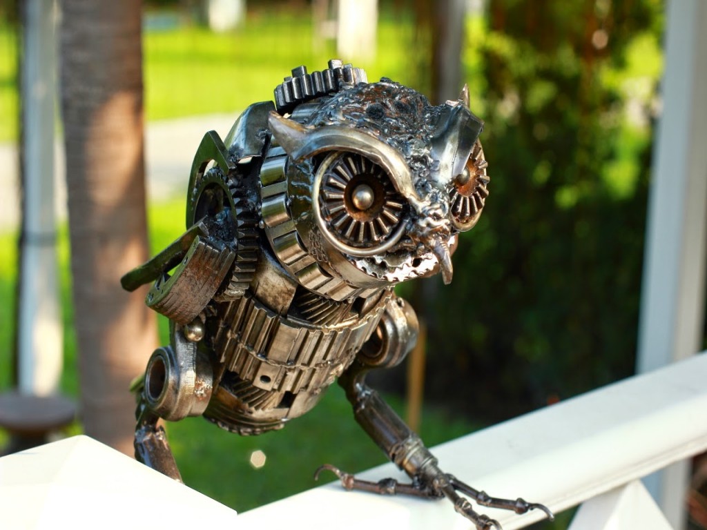 scrap metal sculpture owl by jk brown
