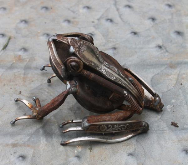 scrap metal sculpture frog by jk brown