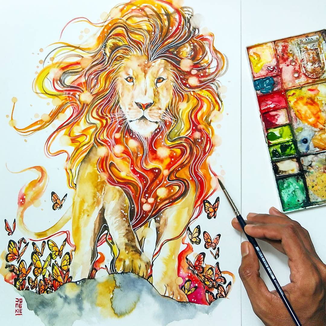1 lion animal watercolor paintings by luqman reza