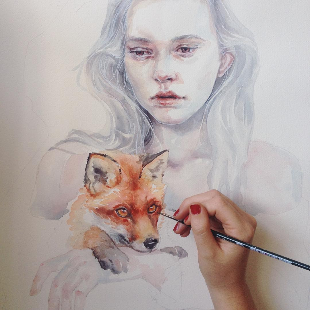 woman fox watercolor paintings by agnes cecile