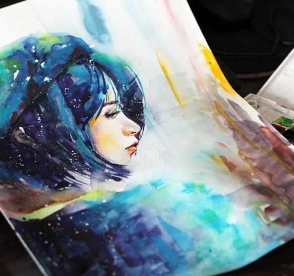 woman colorful watercolor paintings by liviing