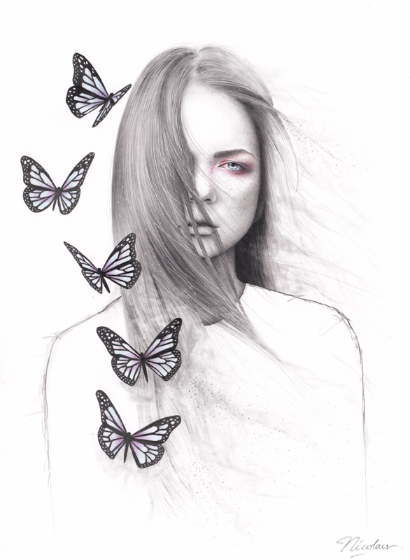 woman butterfly pencil drawings by nicolaus ferry