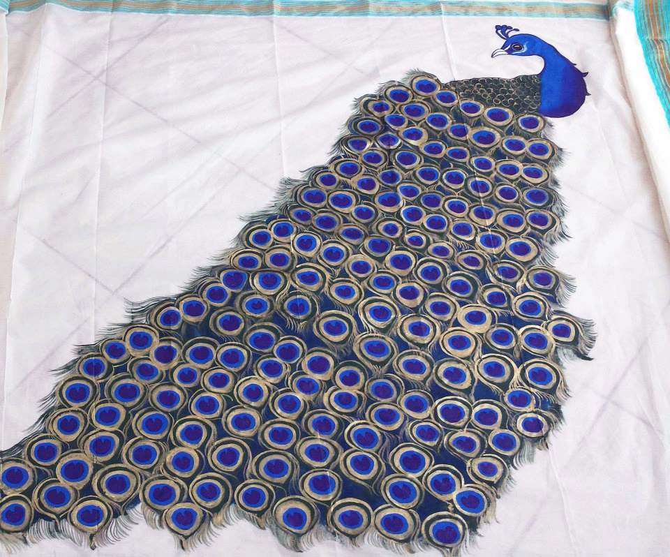 PURE HAND Painted Sarees - Cream cotton silk saree with peacock design |  Facebook