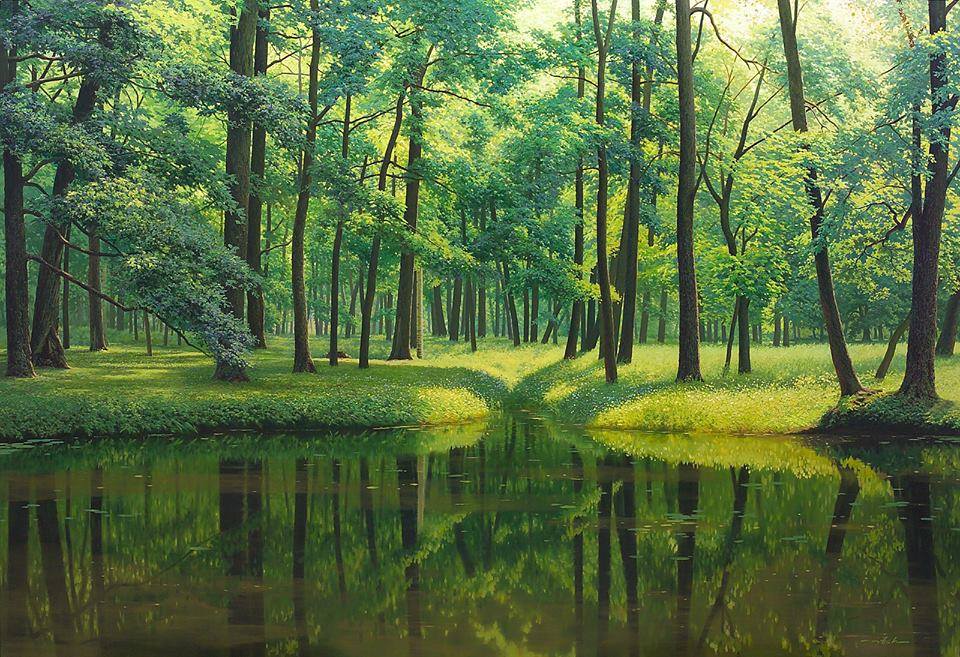 nature lake realistic scenery painting by jung hwan