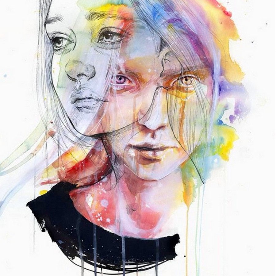 2 women watercolor paintings by agnes cecile
