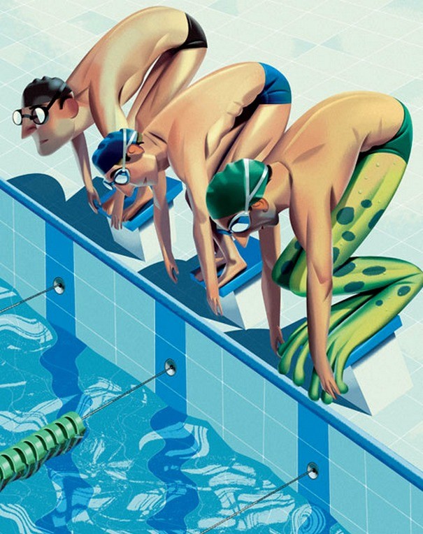 swimming funny digital illustration by nigel buchanan