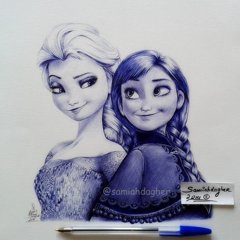 pen drawing elsa anna by samia h dager