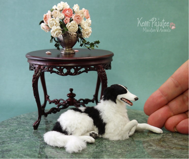 scale borzoi miniature animal sculpture by kerri pajutee