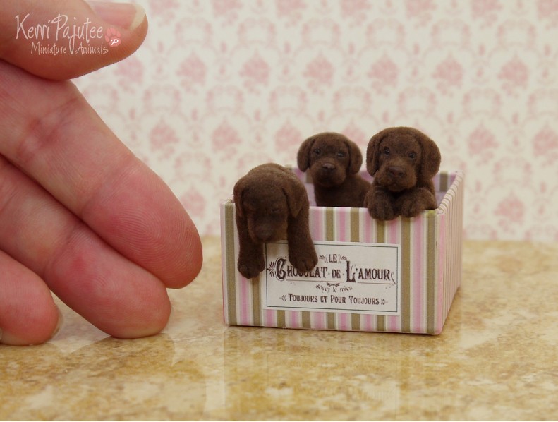 box chocolate lab pups miniature animal sculpture by kerri pajutee