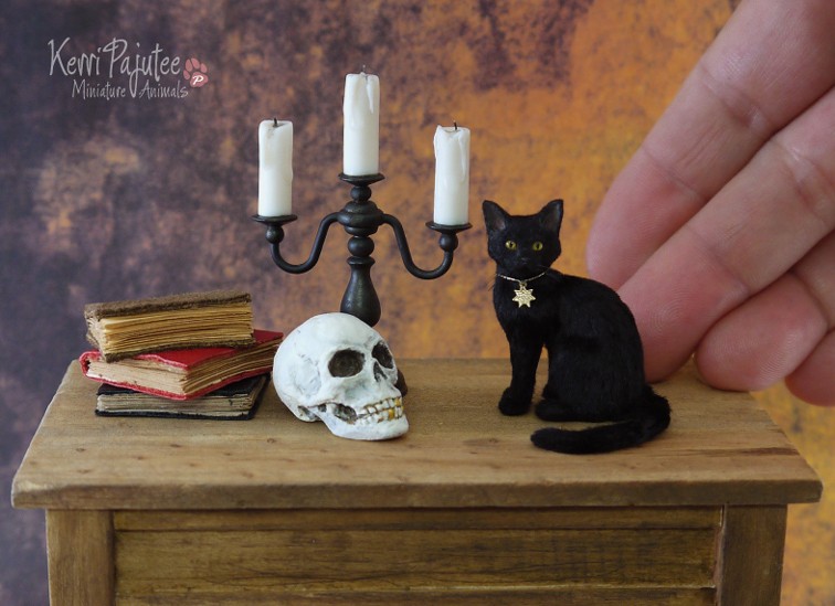 black cat miniature animal sculpture by kerri pajutee