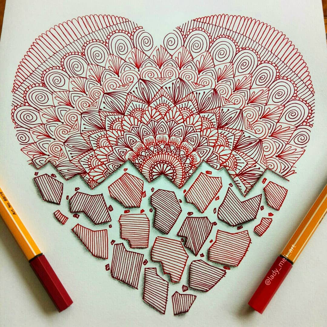 1 doodle art broken heart lady meli art