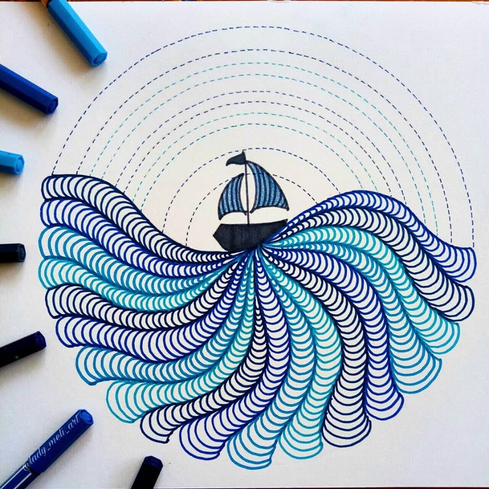 doodle art boat lady meli art