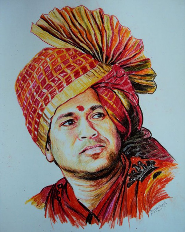 crayon portrait drawing sachin by davinchi suresh