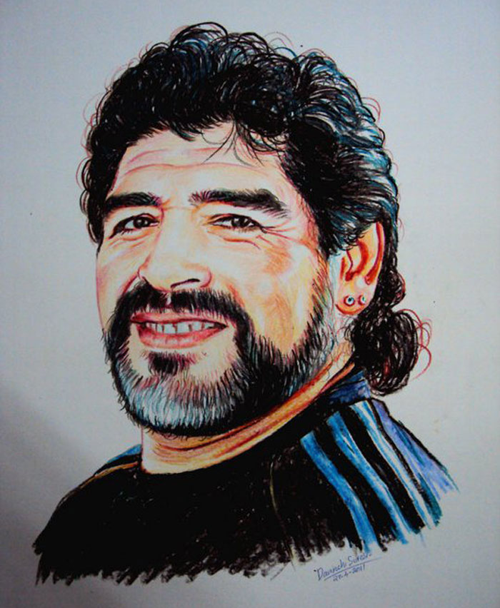 crayon portrait drawing maradona by davinchi suresh