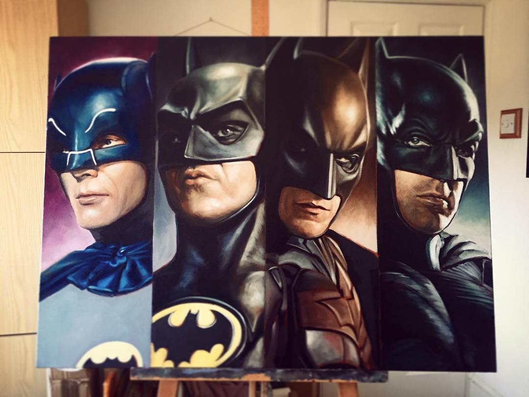 2 batmen super heros acrylic paintings by ben jeffery