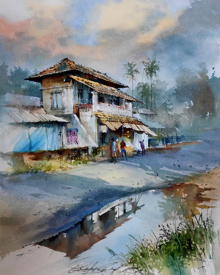 watercolor painting street prakashan puthur