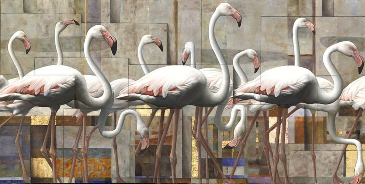 surreal oil painting flamingo bird by sergio cerchi