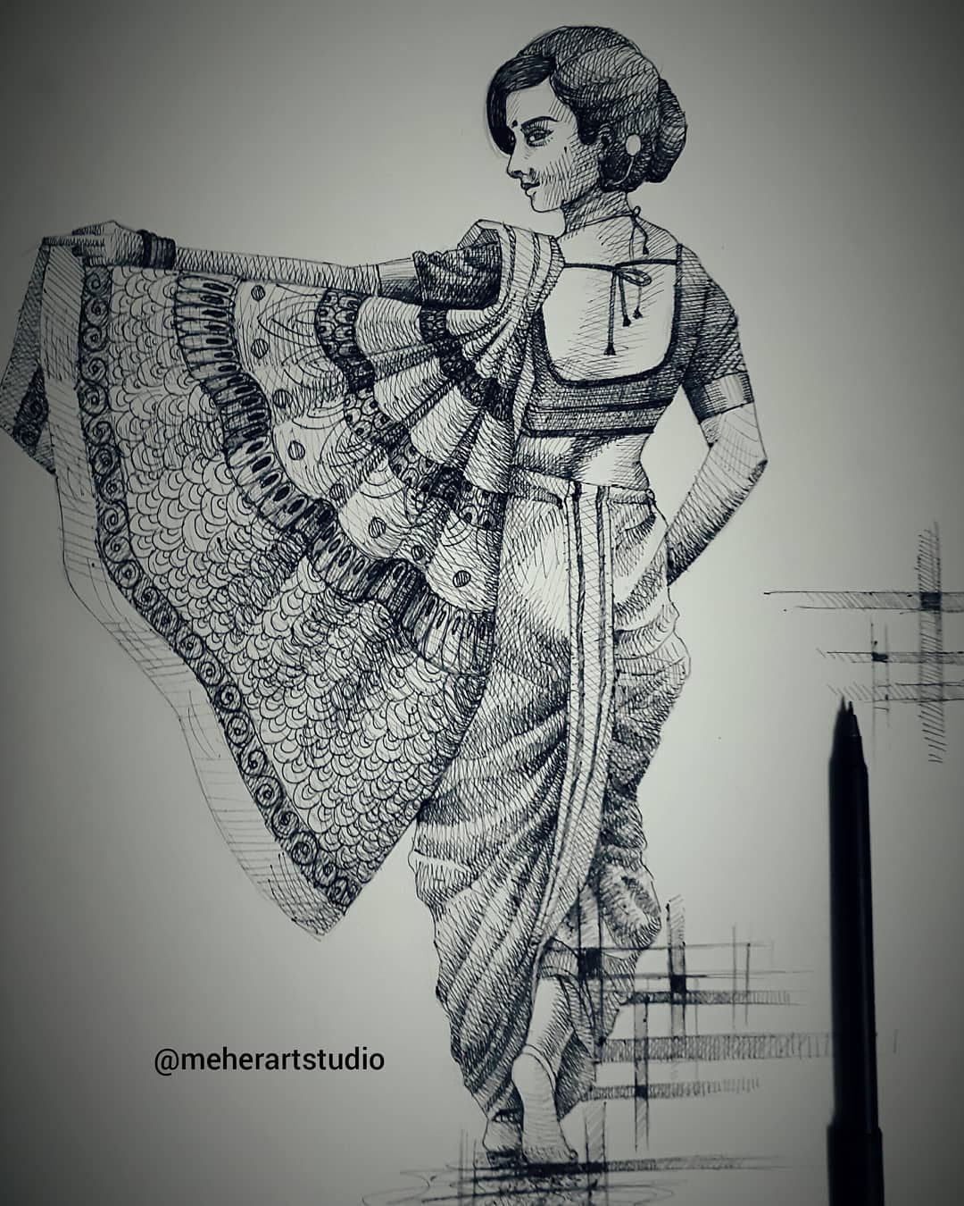 creative pen drawing indian woman premraj meher