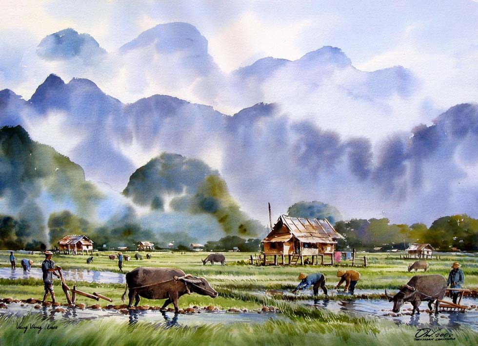 watercolor painting farming by thanakorn chaijinda