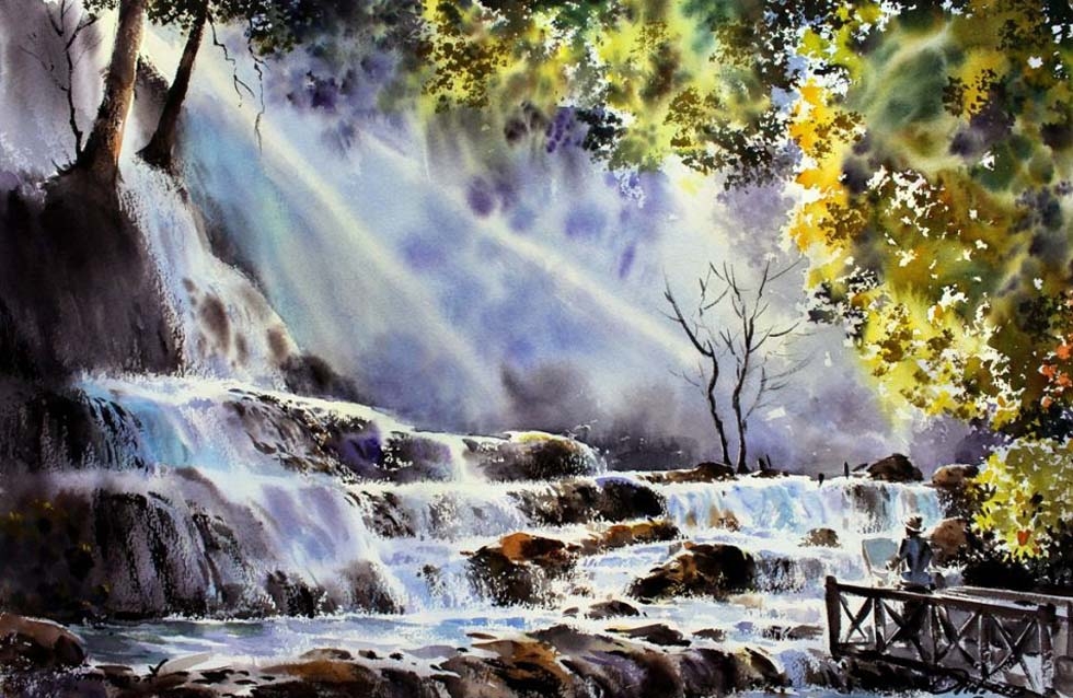 watercolor painting waterfall by thanakorn chaijinda
