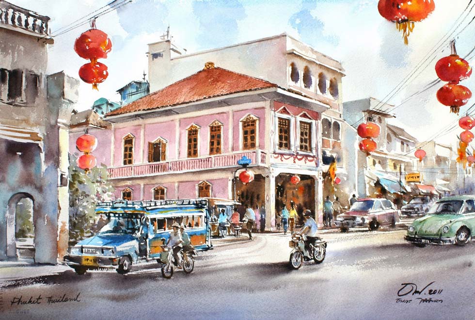 watercolor painting city by thanakorn chaijinda