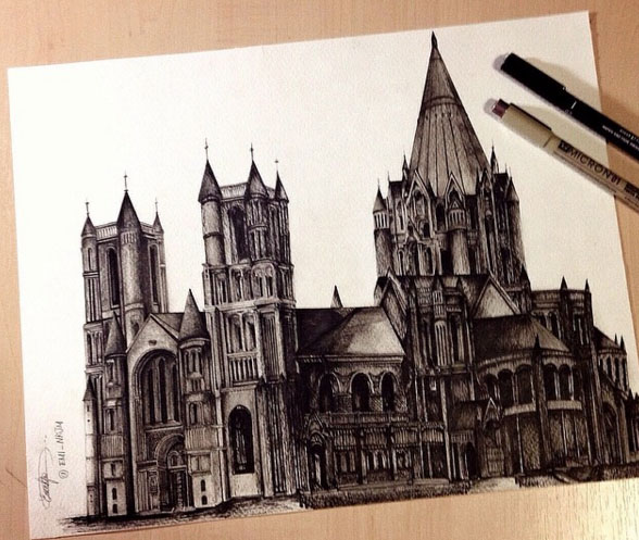 3 pen drawing church by emi nakajima