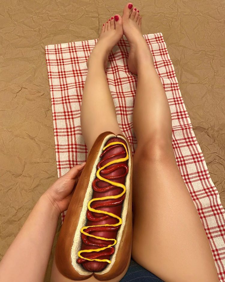 body painting art thigh hotdog by mimi choi