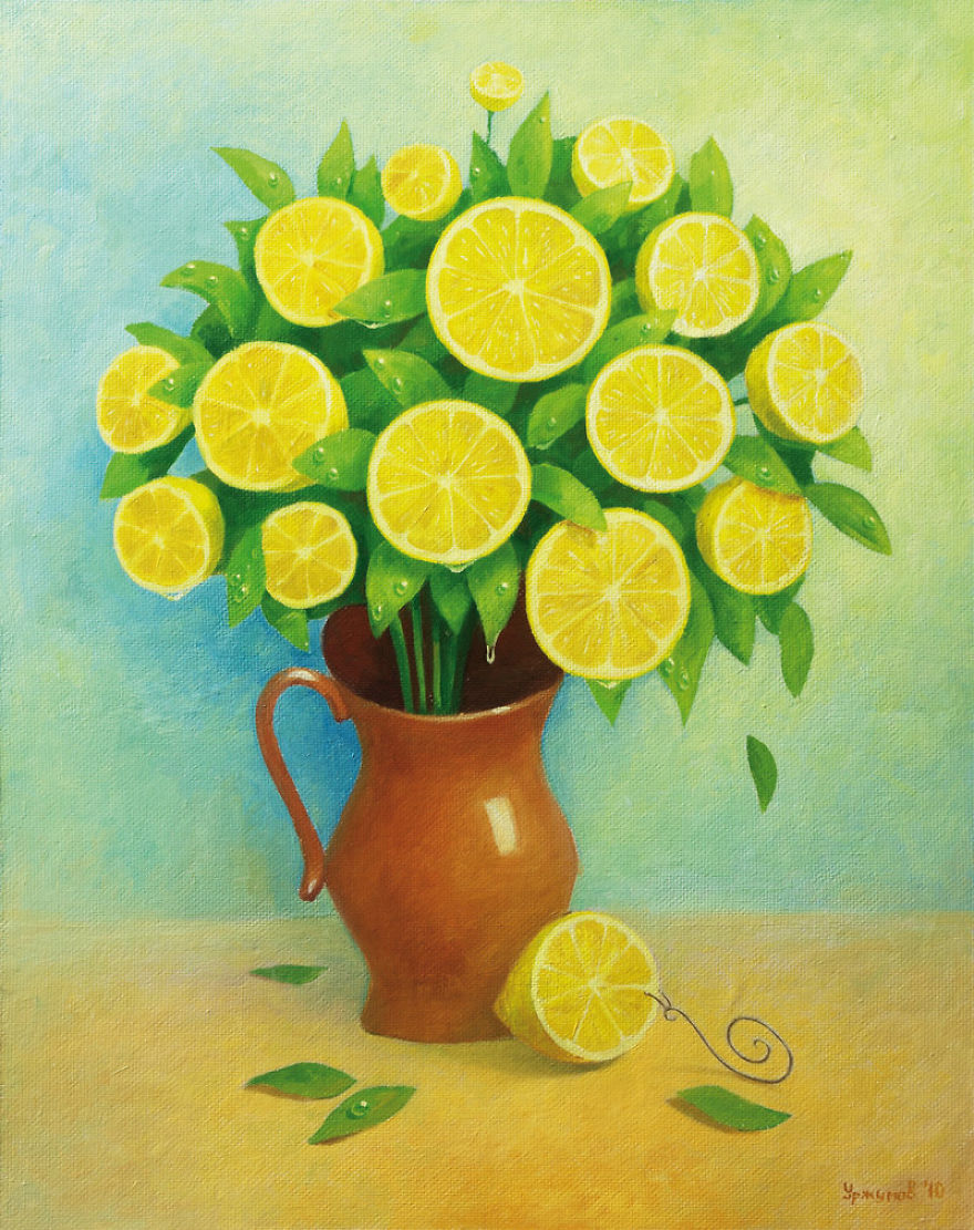 surreal oil painting vase lemons by vitaly urzhumov