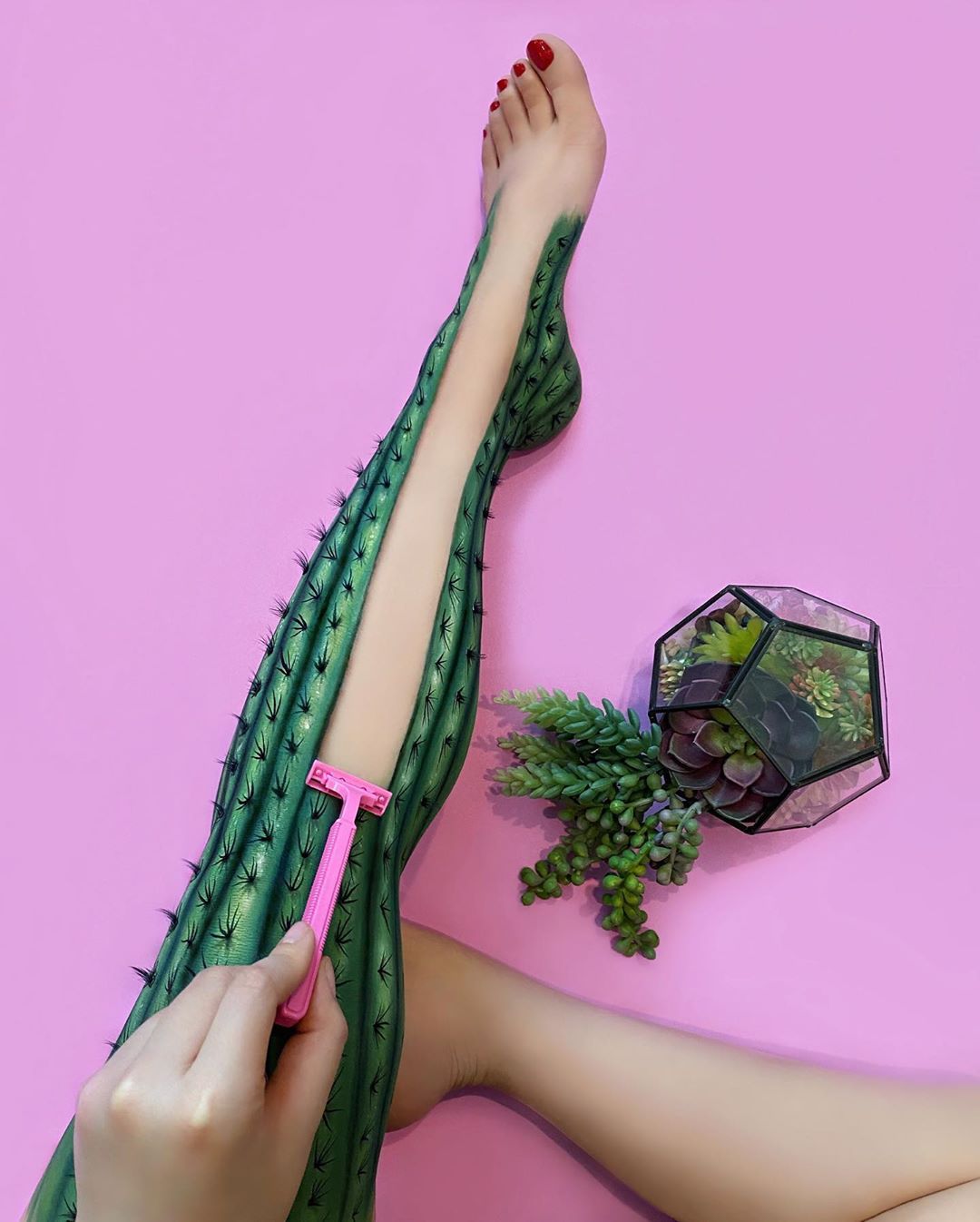 body painting art leg cactus by mimi choi
