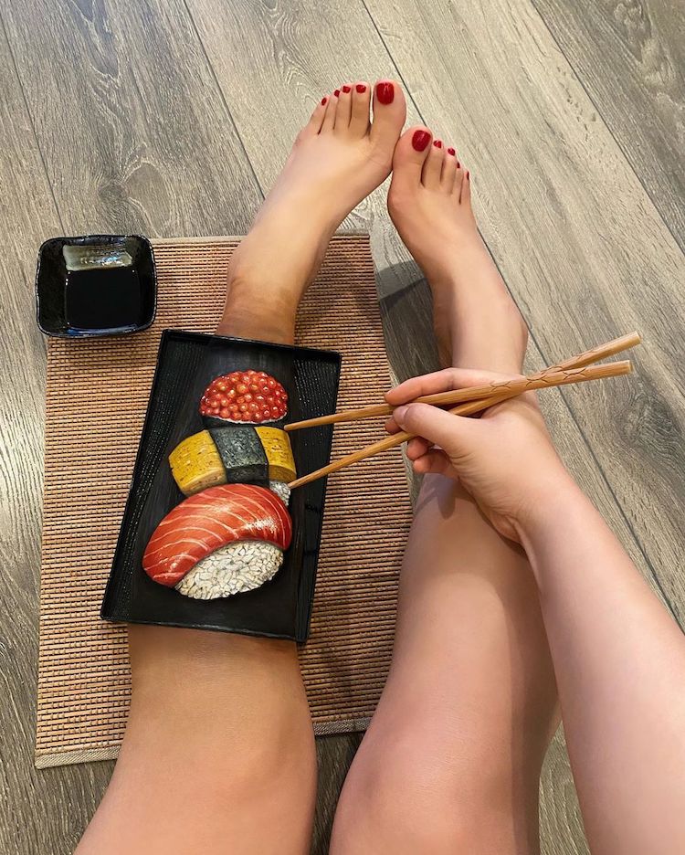 body painting art leg sushi by mimi choi