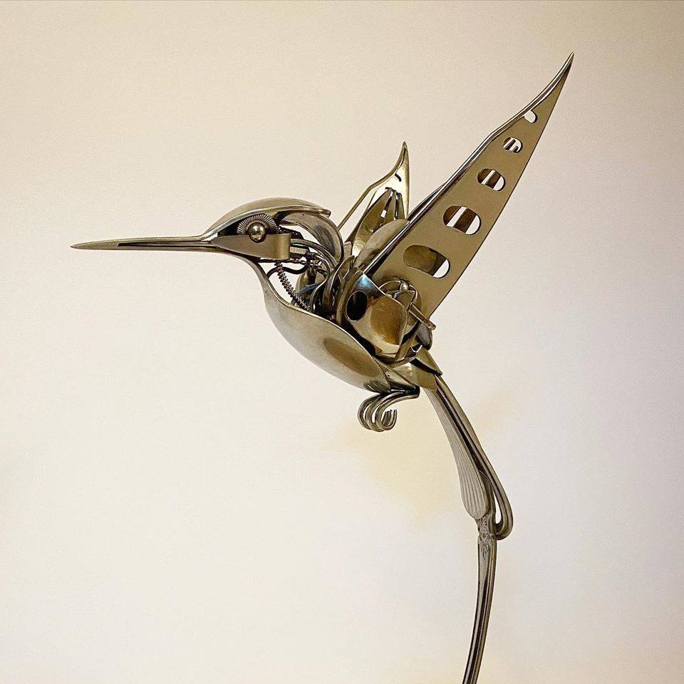 2 scrap metal sculpture bird humming bird by matt wilson