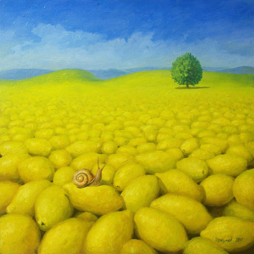 surreal oil painting lemon field by vitaly urzhumov