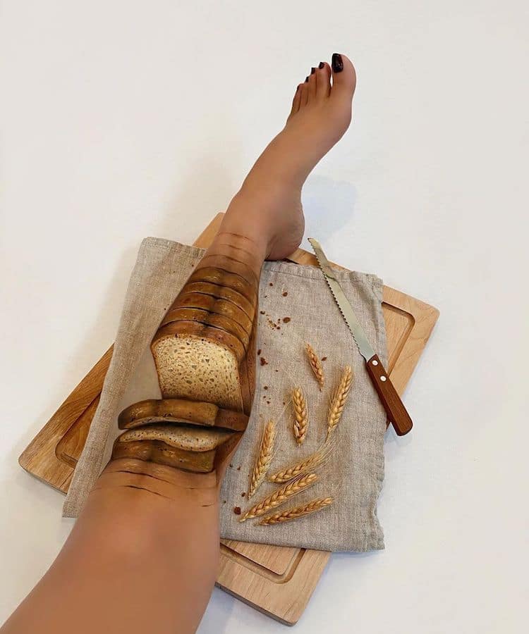 body painting art leg bread by mimi choi
