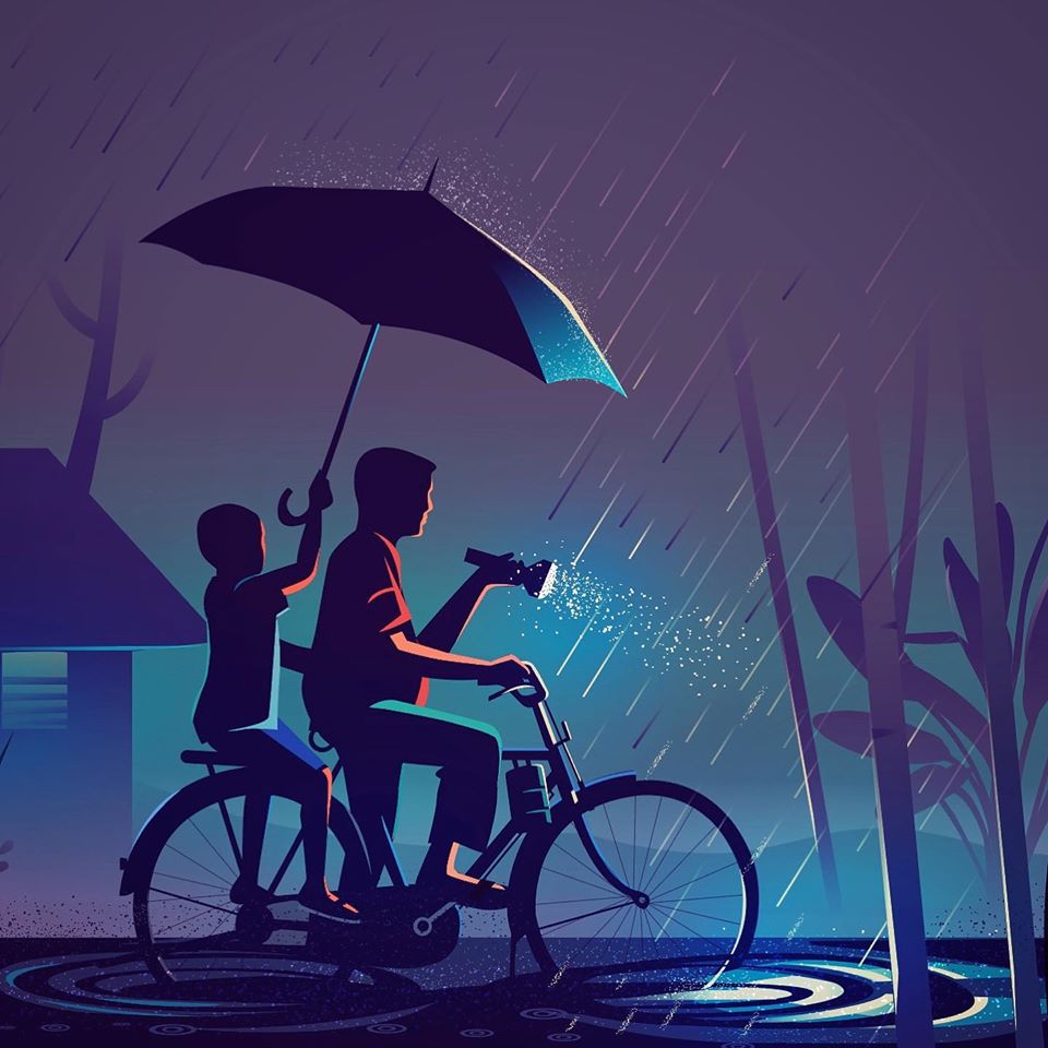 digital illustration rainy day cycle ride by ranganath krishnamani