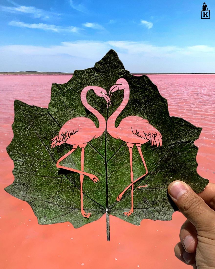 leaf cutout art flamingoes by kanat nurtazin