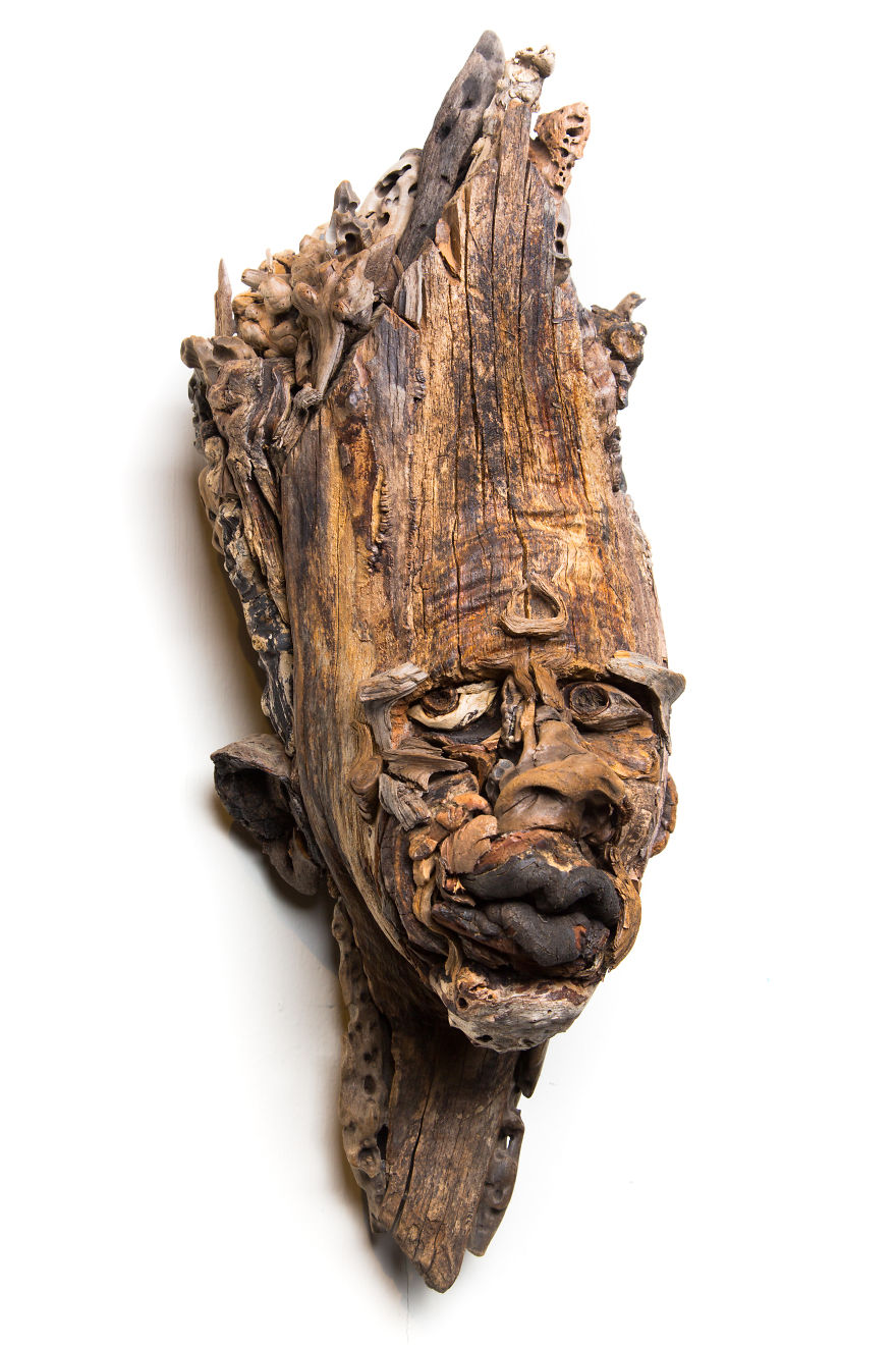driftwood sculpture face by eyevan tumbleweed
