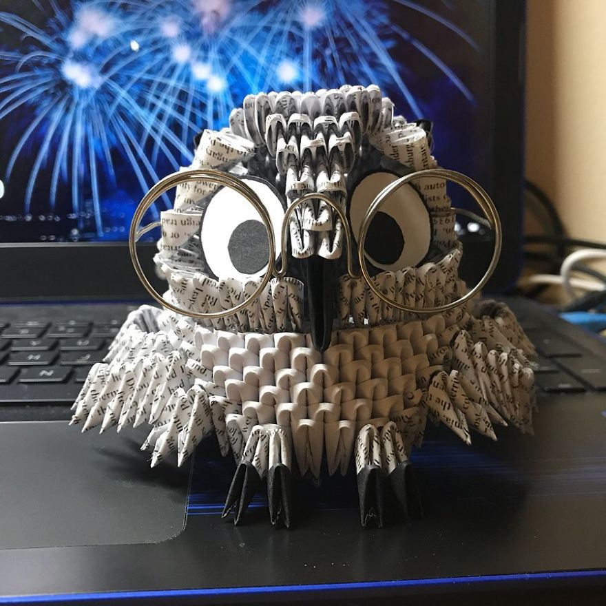 paper animal sculpture owl by faith chung